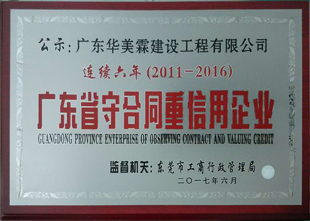 熱烈祝賀華美霖連續6年榮獲“廣東省守合同重信用企業”稱號